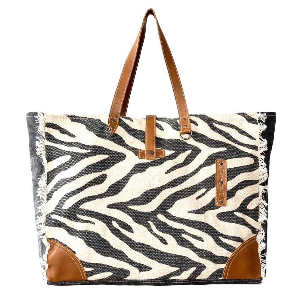 Zebra Print Tote Bag with Brown Accents